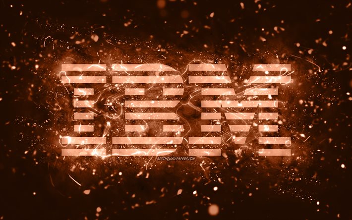 Logo marrone IBM, 4k, luci al neon marroni, creativo, sfondo astratto marrone, logo IBM, marchi, IBM
