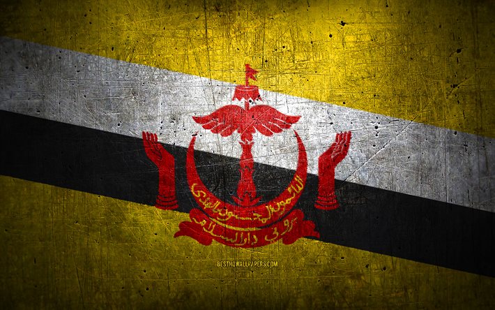 Brunei metal flag, grunge art, asian countries, Day of Brunei, national symbols, Brunei flag, metal flags, Flag of Brunei, Asia, Brunei