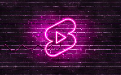 Logo violet de short Youtube, 4k, mur de briques violet, logo de short Youtube, r&#233;seaux sociaux, logo n&#233;on de short Youtube, short Youtube