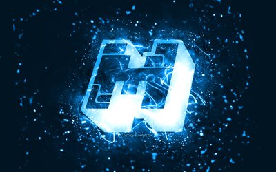شعار Minecraft الأزرق, 4 ك, أضواء النيون الزرقاء, إبْداعِيّ ; مُبْتَدِع ; مُبْتَكِر ; مُبْدِع, خلفية زرقاء مجردة, شعار Minecraft, ألعاب على الانترنت, ماين كرافت
