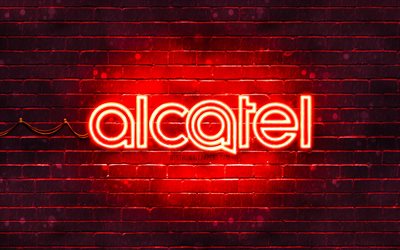 Alcatel kırmızı logosu, 4k, kırmızı brickwall, Alcatel logosu, markalar, Alcatel neon logosu, Alcatel