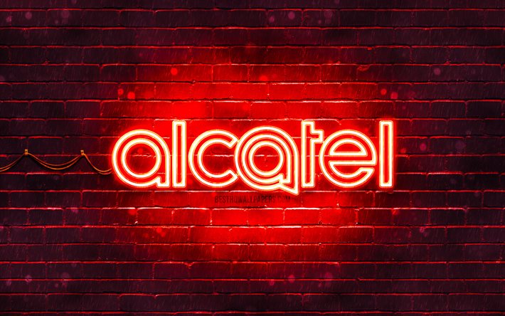 Alcatel red logo, 4k, red brickwall, Alcatel logo, brands, Alcatel neon logo, Alcatel