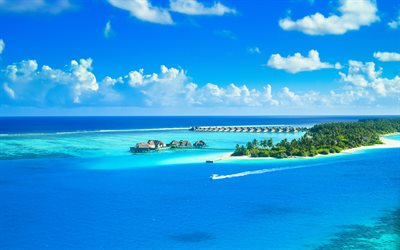 Maldivas, oc&#233;ano, islas tropicales, complejos tur&#237;sticos de Maldivas, islas hermosas, turismo, verano