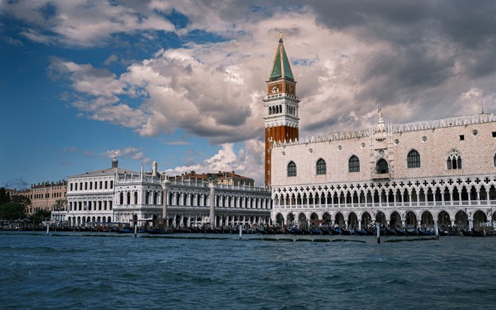 Palais des Doges, Venise, Grand Canal, Campanile Saint-Marc, soir&#233;e, monument de Venise, paysage urbain de Venise, Italie