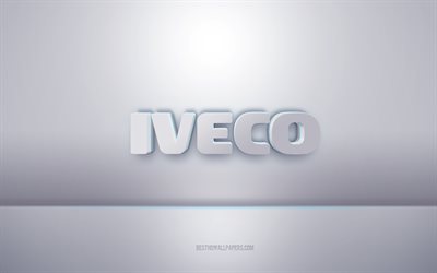 Iveco 3d logo blanco, fondo gris, logo de Iveco, arte creativo 3d, Iveco, emblema 3d