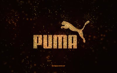 Logotipo de purpurina de Puma, 4k, fondo negro, logo de Puma, arte de purpurina dorada, Puma, arte creativo, logo de purpurina dorada de Puma