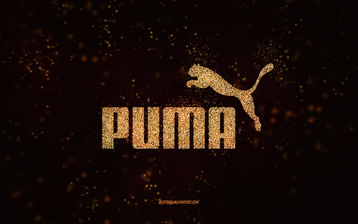 Logotipo com glitter dourados da Puma, 4k, fundo preto, logotipo da Puma, arte com glitter dourados, Puma, arte criativa, logotipo com glitter dourados da Puma