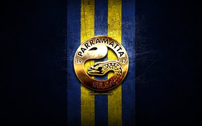 Parramatta -ankeriaat, kultainen logo, National Rugby League, sininen metallitausta, australialainen rugbyseura, Parramatta Eels -logo, rugby, NRL