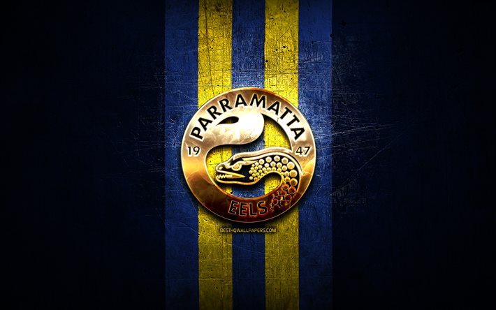 パラマタイールズ, 金色のロゴ, ナショナルラグビーリーグ, 青い金属の背景, オーストラリアのラグビークラブ, パラマタイールズのロゴ, ラグビー, NRL