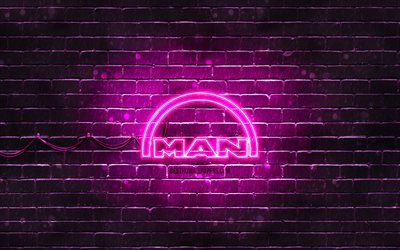 Logotipo roxo da MAN, 4k, parede de tijolos roxa, logotipo da MAN, marcas, logotipo de n&#233;on da MAN, MAN