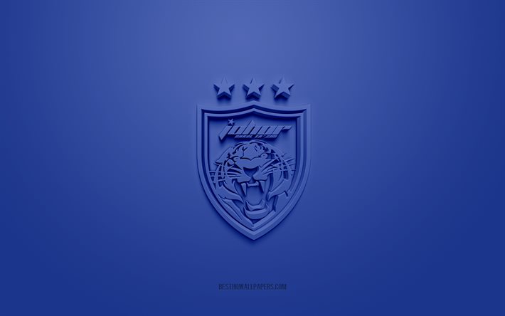 Johor Darul Tazim FC, logo 3D creativo, sfondo blu, emblema 3d, Malaysian Football Club, Malaysia Super League, Johor, Malesia, arte 3d, calcio, Johor Darul Tazim FC logo 3d