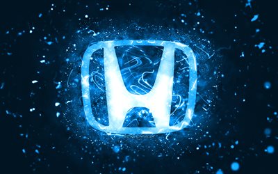 Logo bleu Honda, 4k, n&#233;ons bleus, cr&#233;atif, fond abstrait bleu, logo Honda, marques de voitures, Honda