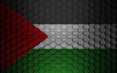 Drapeau de la Palestine, texture des hexagones 3d, Palestine, texture 3d, drapeau de la Palestine 3d, texture en m&#233;tal, drapeau de la Palestine