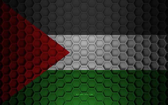 Bandeira da Palestina, textura de hex&#225;gonos 3D, Palestina, textura 3D, bandeira da Palestina 3D, textura de metal, bandeira da Palestina
