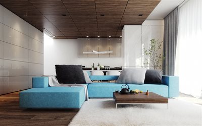 stylish apartment design, modern style, living room project, modern interior, blue sofa, glossy panels on the walls, living room