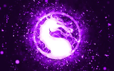 mortal kombat violett-logo, 4k, violette neonlichter, kreativer, violetter abstrakter hintergrund, mortal kombat-logo, online-spiele, mortal kombat