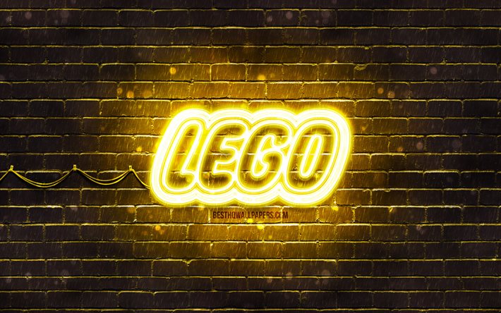 LEGO keltainen logo, 4k, keltainen tiilisein&#228;, LEGO -logo, tuotemerkit, LEGO neonlogo, LEGO