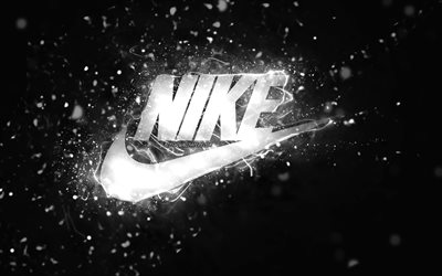 Nike logo bianco, 4k, luci al neon bianche, creative, sfondo astratto nero, logo Nike, marchi di moda, Nike