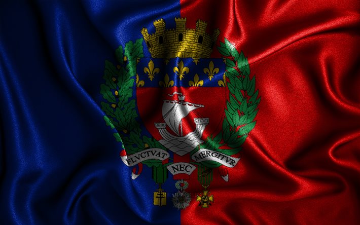 Paris flag, 4k, silk wavy flags, french cities, Day of Paris, Flag of Paris, fabric flags, 3D art, Paris, Europe, cities of France, Paris 3D flag, France