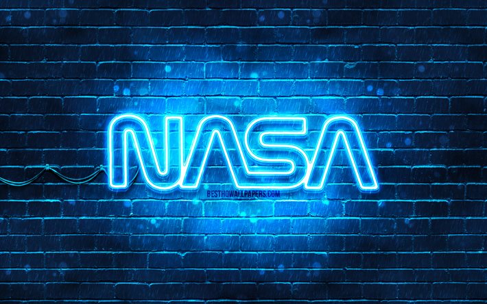 NASA blue logo, 4k, blue brickwall, NASA logo, fashion brands, NASA neon logo, NASA