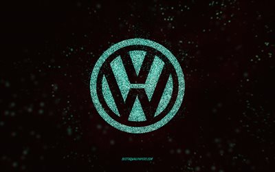 Volkswagen glitter logo, 4k, black background, Volkswagen logo, turquoise glitter art, Volkswagen, creative art, Volkswagen turquoise glitter logo