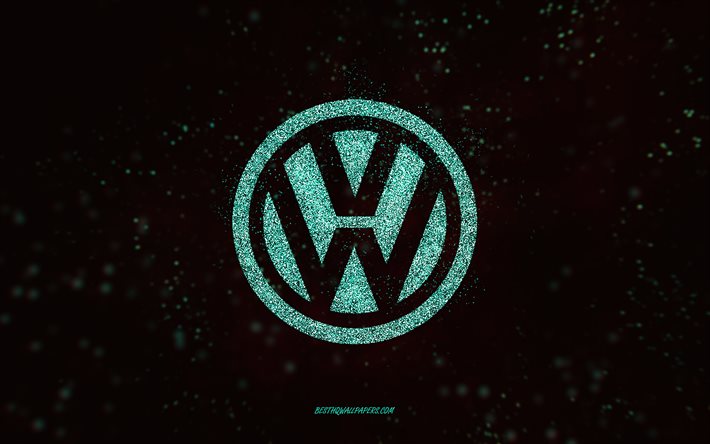 Volkswagen glitter -logo, 4k, musta tausta, Volkswagen -logo, turkoosi glitter -taide, Volkswagen, luova taide, Volkswagen turkoosi glitter -logo