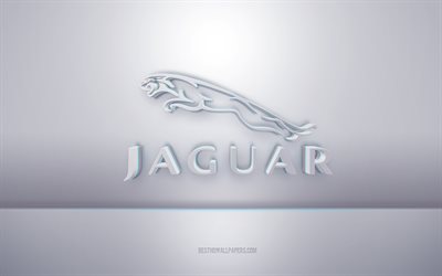 jaguar 3d-weißes logo, grauer hintergrund, jaguar-logo, kreative 3d-kunst, jaguar, 3d-emblem