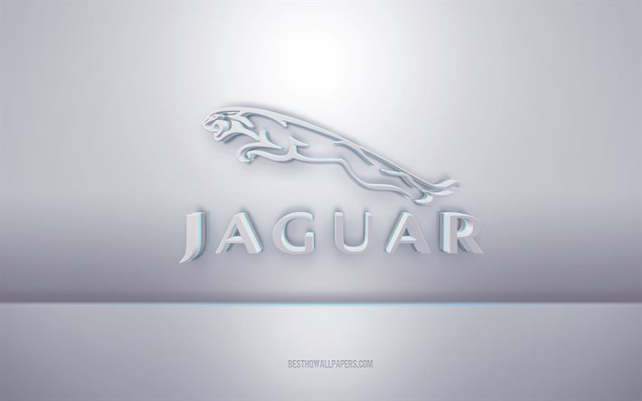 Jaguar 3d beyaz logo, gri arka plan, Jaguar logosu, yaratıcı 3d sanat, Jaguar, 3d amblem