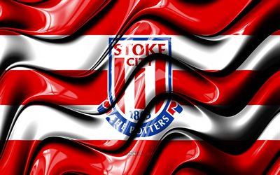 Stoke City FC bayrağı, 4k, kırmızı ve beyaz 3D dalgalar, EFL Şampiyonası, İngiliz Futbol Kul&#252;b&#252;, futbol, Stoke City FC logosu, Stoke City FC, FC Stoke City