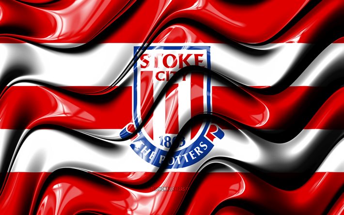 Stoke City FC -lippu, 4k, punaiset ja valkoiset 3D -aallot, EFL -mestaruus, englantilainen jalkapalloseura, jalkapallo, Stoke City FC -logo, Stoke City FC, FC Stoke City