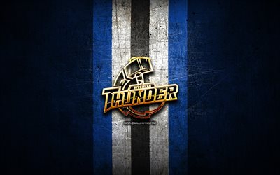 Wichita Thunder, golden logo, ECHL, blue metal background, american hockey team, Wichita Thunder logo, hockey