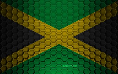 Jamaicas flagga, 3d hexagons textur, Jamaica, 3d textur, Jamaica 3d flagga, metall textur