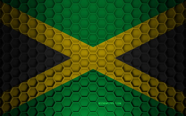 Jamaica flag, 3d hexagons texture, Jamaica, 3d texture, Jamaica 3d flag, metal texture, flag of Jamaica
