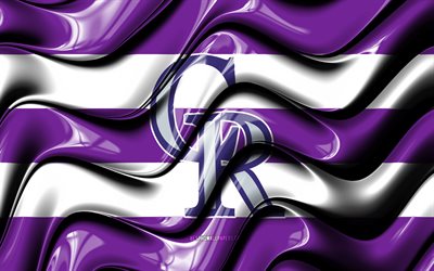 Drapeau des Rocheuses du Colorado, 4k, vagues 3D violettes et blanches, MLB, &#233;quipe de baseball am&#233;ricaine, logo des Rocheuses du Colorado, baseball, Rocheuses du Colorado