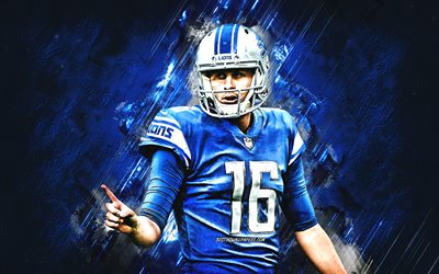 Jared Goff, Detroit Lions, NFL, American football, blue stone background, grunge art, National Football League