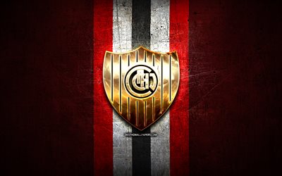 Chacarita Juniors FC, logotipo dourado, Primera Nacional, fundo de metal vermelho, futebol, clube de futebol argentino, logotipo do Chacarita Juniors, Argentina, CA Chacarita Juniors