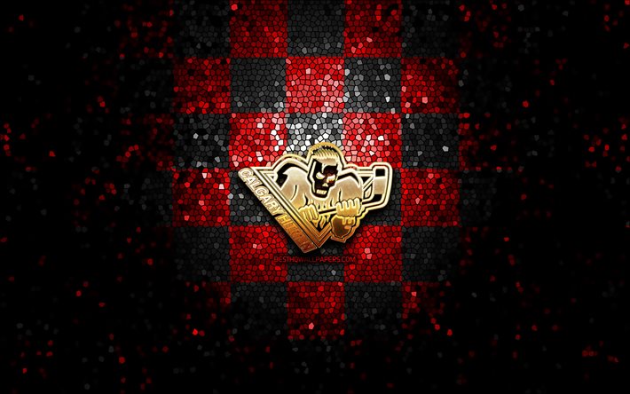 Calgary Hitmen, logo paillet&#233;, WHL, fond quadrill&#233; noir rouge, hockey, &#233;quipe canadienne de hockey, logo Calgary Hitmen, art de la mosa&#239;que, ligue canadienne de hockey