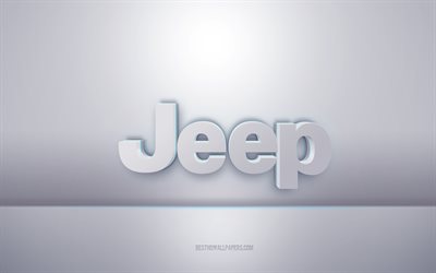 Jeep 3D valkoinen logo, harmaa tausta, Jeep -logo, luova 3D -taide, Jeep, 3d -tunnus