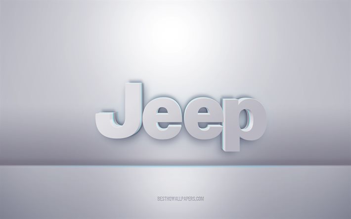 Jeep 3d beyaz logo, gri arka plan, Jeep logosu, yaratıcı 3d sanat, Jeep, 3d amblem