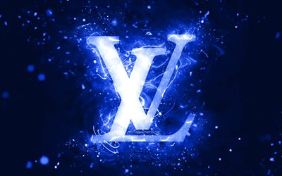 Logotipo da Louis Vuitton azul escuro, 4k, luzes de n&#233;on azul escuro, criativo, fundo abstrato azul escuro, logotipo da Louis Vuitton, marcas de moda, Louis Vuitton