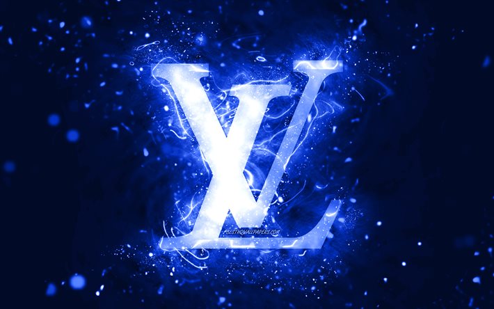 Louis Vuitton logo blu scuro, 4k, luci al neon blu scuro, creativo, sfondo astratto blu scuro, logo Louis Vuitton, marchi di moda, Louis Vuitton