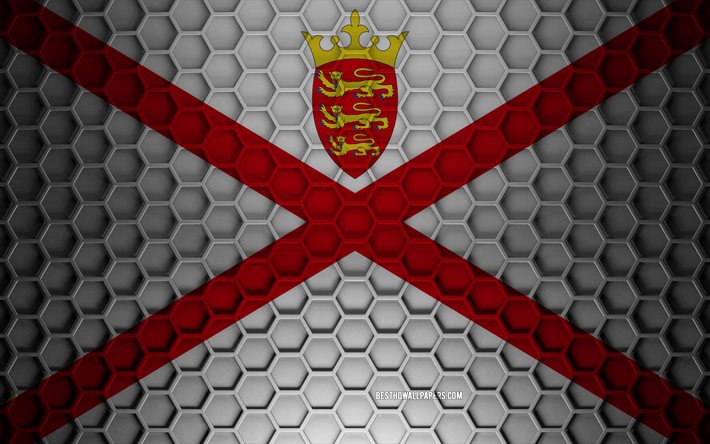 Jersey flagga, 3d hexagons textur, Jersey, 3d textur, Jersey 3d flagga, metall textur, flagga av Jersey