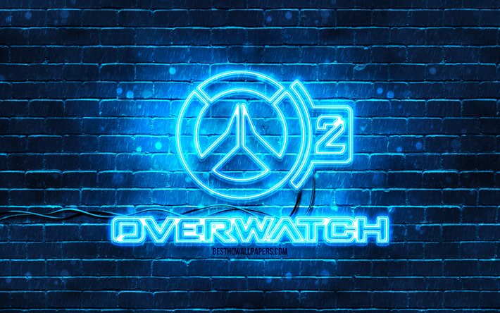 overwatch 2 blaues logo, 4k, blaue ziegelmauer, overwatch 2 logo, spielemarken, overwatch 2 neon-logo, overwatch 2