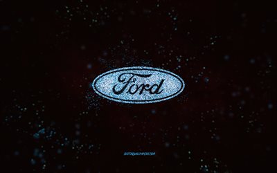 Ford glitter logo, 4k, black background, Ford logo, blue glitter art, Ford, creative art, Ford blue glitter logo