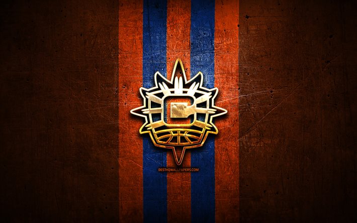 Connecticut Sun, golden logo, WNBA, orange metal background, american basketball team, Connecticut Sun logo, basketball