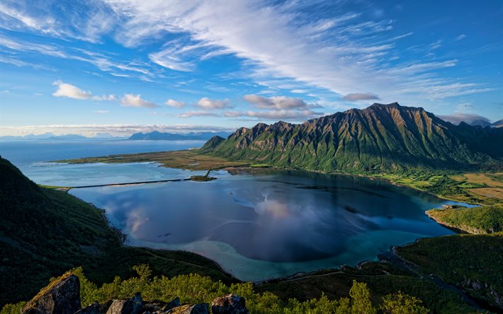 Noruega, 4k, Ilhas Lofoten, costa, ver&#227;o, fiorde, bela natureza, montanhas, Europa