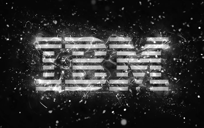 IBM white logo, 4k, white neon lights, creative, black abstract background, IBM logo, brands, IBM