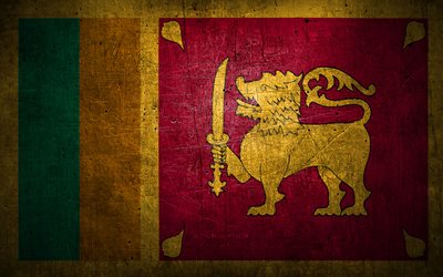 Sri Lankas metallflagga, grungekonst, asiatiska l&#228;nder, Sri Lankas dag, nationella symboler, Sri Lankas flagga, metallflaggor, Asien, Sri Lanka