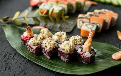 Japansk mat, sushi, rullar, fisk och skaldjur