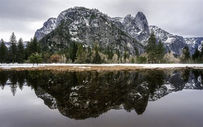 montanhas, floresta, lago de montanha, paisagem de montanha, EUA, Vale De Yosemite, Calif&#243;rnia